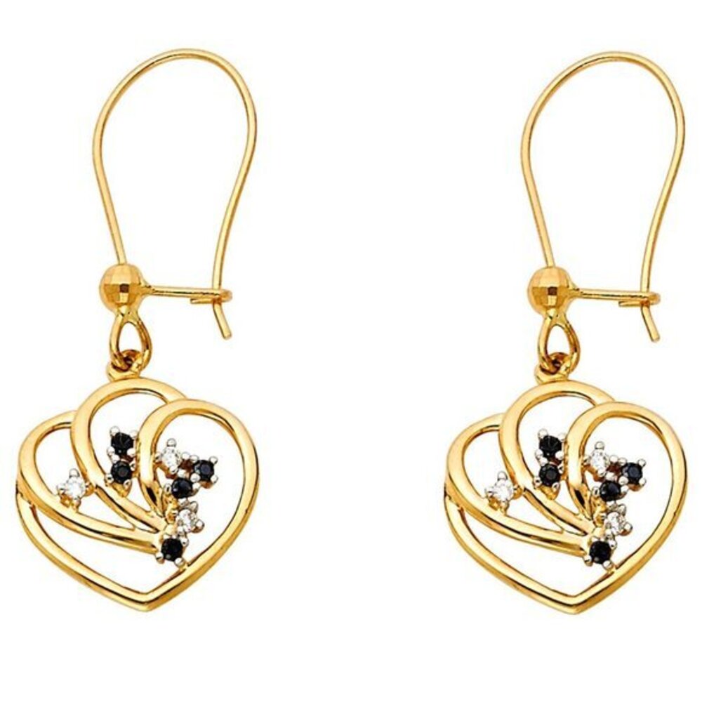 Solid 14K Yellow Gold Heart CZ Hanging Earrings Heart Earrings
